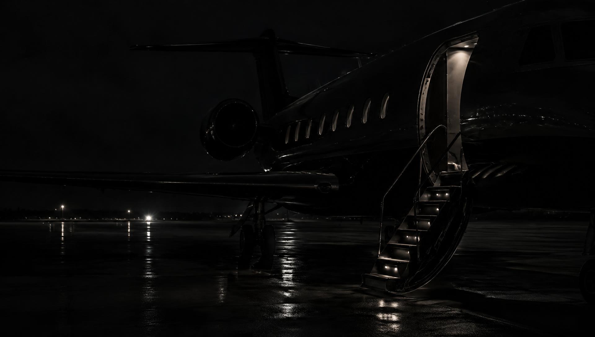A private aircraft on a dark tarmac at night